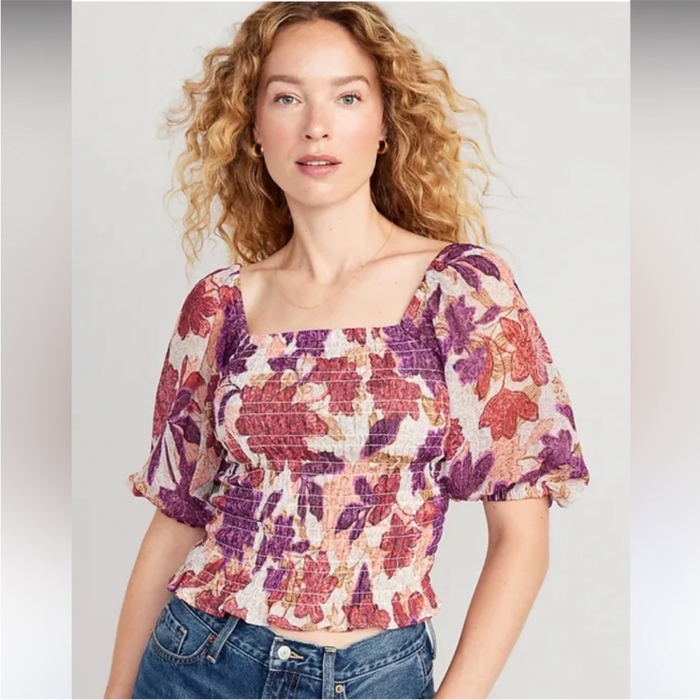 OLD NAVY fitted puff sleeve smocked top size large in‎ autumn leaves floral